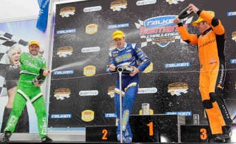 car Paul Dumbrell (far left) celebrates on the Symmons Plains podium with team-mate Mark Winterbottom and Jason Bright