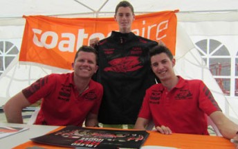 thumb Garth Tander and Nick Percat with Lachlan Thomas and his prized team jacket that was signed by both the winner drivers