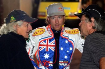 . Jason Crump (centre) receiving advice from his late Grandfather, Neil Street (left) and legendary father, Phil Crump. PICS: JasonCrump.com