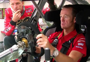 Greg Murphy tries on Garth Tander's HRT Commodore for size