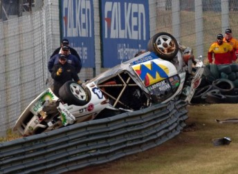 car Simon Will's Team Dynamik car leapt the fence at Sandown in 2005