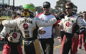 thumb James Courtney celebrates with the Jim Beam Racing crew at Sandown