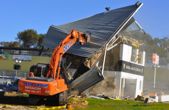 thumb The first stage of creating the new in-field pit lane was to destroy the historic front straight control tower
