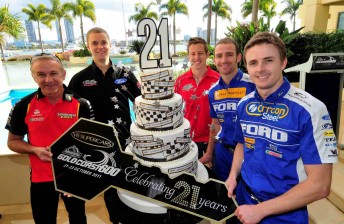 thumb V8 Supercars drivers Russell Ingall, Jonathon Webb, James Courtney, Will Davison and Mark Winterbottom at today's Gold Coast launch