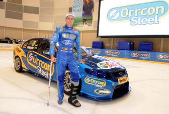 thumb Mark Winterbottom with his 'moon boot' at the launch of his 2012 Orrcon Steel FPR Falcon