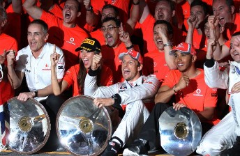 thumb Jenson Button and Lewis Hamilton celebrate with the McLaren team