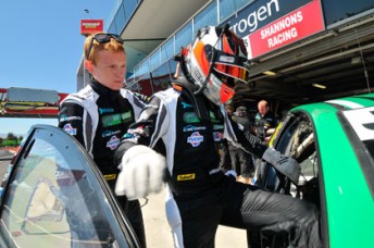 car Jesse Dixon helps Cameron Waters into the #23 Commodore at Mount Panorama