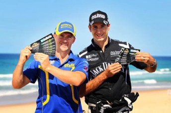 thumb Lee Holdsworth and Rick Kelly with the Gold Coast Bulletin/Speedcafe.com bumper stickers