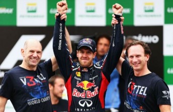thumb Vettel celebrates with Adrian Newey and Christian Horner after Sunday's race