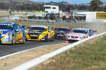 car James Moffat and Jason Bright in the Turn 2 fight at Winton today