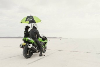 Ralph Nicholls about to set a new land speed record on the barren Lake Gairdner, SA