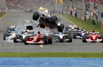 Ralf Schumacher and Rubens Barrichello collide at the start of the 2002 race