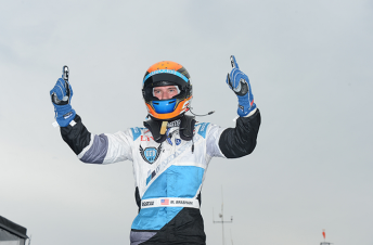 Matthew Brabham celebrating his maiden Indy Lights win on the Indianapolis road course