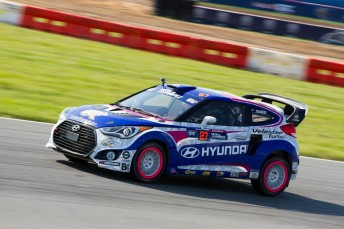 Emma Gilmour races her Rhys Millen Racing Hyundai Veloster Turbo around the Daytona International Speedway. Pic: Matt Kalish