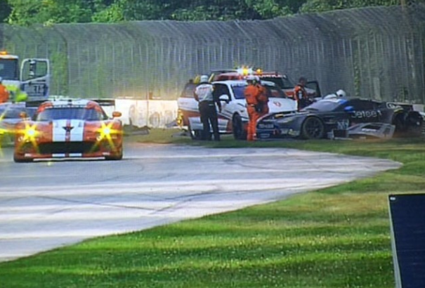 The aftermath from the accident that stopped James Davison from taking part in Sunday's United Sportscar race