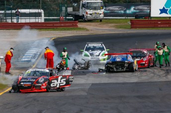 The aftermath showing McBride's engine & gearbox in the middle of the track