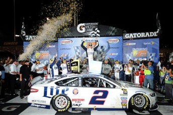 Brad Keselowski celebrates the 400th win for Roger Penske