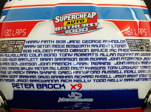 The names of all the Bathurst winning drivers and co-drivers adorn Premat's special helmet