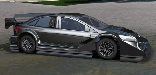 A digital render of the final car, featuring the rubber ground effect skirts