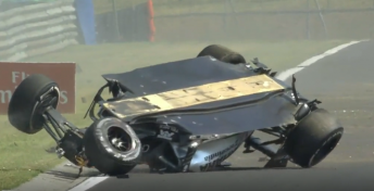 A wishbone failure caused this shunt for Sergio Perez