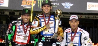 The World Championship podium - Tai Woffinden flanked by Melbourne SGP winner, Greg Hancock (L) and Nicki Pedersen