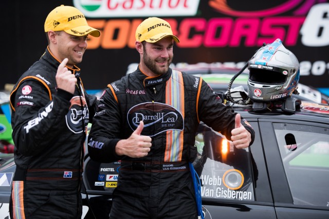 Jono Webb and Shane van Gisbergen celebrate their second triumph at the Castrol Gold Coast 600