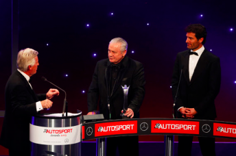 Alan Jones with Mark Webber and presenter Steve Ryder. pic: Autosport