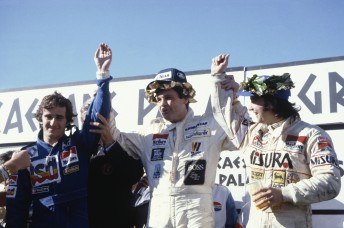 Alan Jones celebrates victory in the 1981 Las Vegas Grand Prix