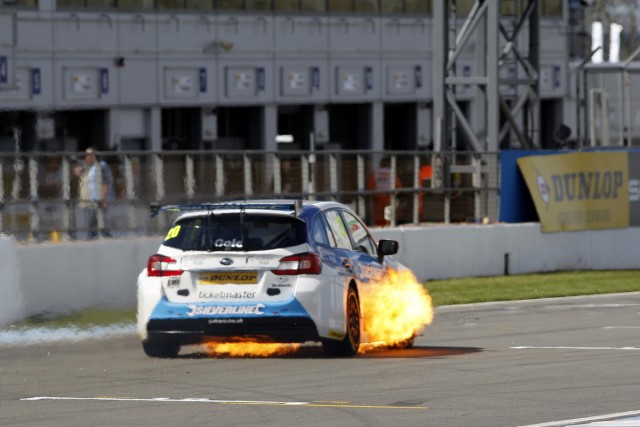 James Cole felt the heat when his BTCC factory Subaru Levorg ignited at Donington. Photo:Lanyon/PSP Images