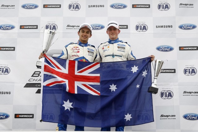Australians Luis Leeds (left) and Zane Goddard celebrate a British F4 1-2 at Croft pic PSP Images