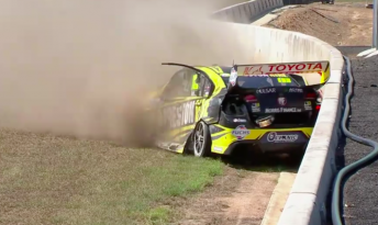 Holdsworth's Holden slides to a stop after hitting the concrete. pic: Fox Sports