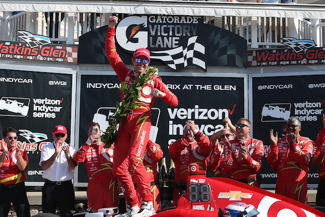 A jubilant Scott Dixon after claiming his 40th IndyCar victory at Watkins Glen