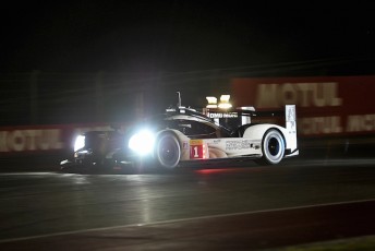 Mark Webber, Brendon Hartley and Timo Bernhard take their third straight WEC victory in Texas. pic: Musson/PSP